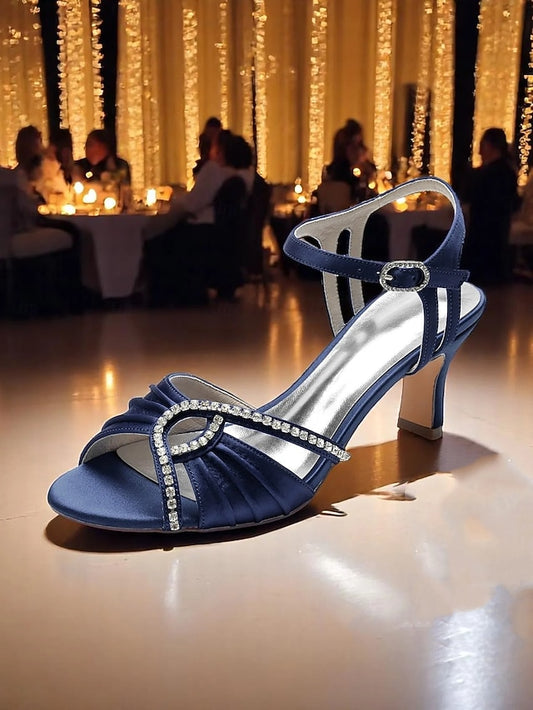 Women's Satin Blue Sandals Heeled Navy Rhinestone –