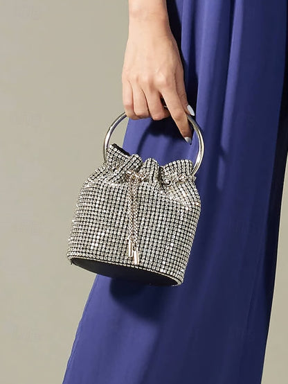 Women's Sparkling Silver with Metal Bucket Bag Rhinestone