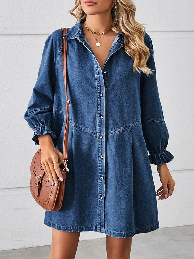 Women's Denim Dress Mini Dress Button Casual Shirt Collar