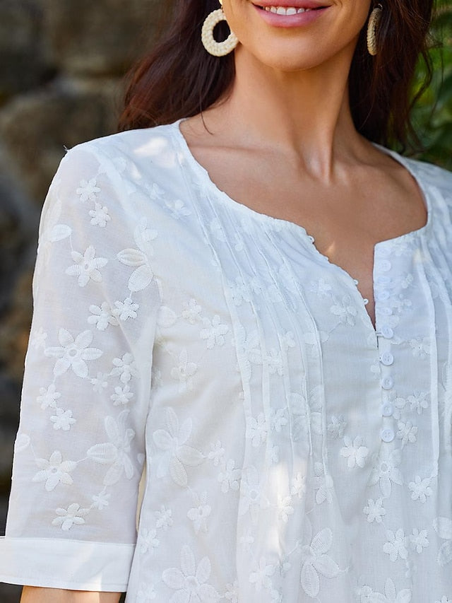 Women's Cotton Dress Sundress White Floral Midi Dress