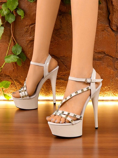 Studded Women's Straps Heels with Platform Stiletto
