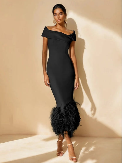 Wedding Cocktail Column Formal Elegant Feather Dress Dresses