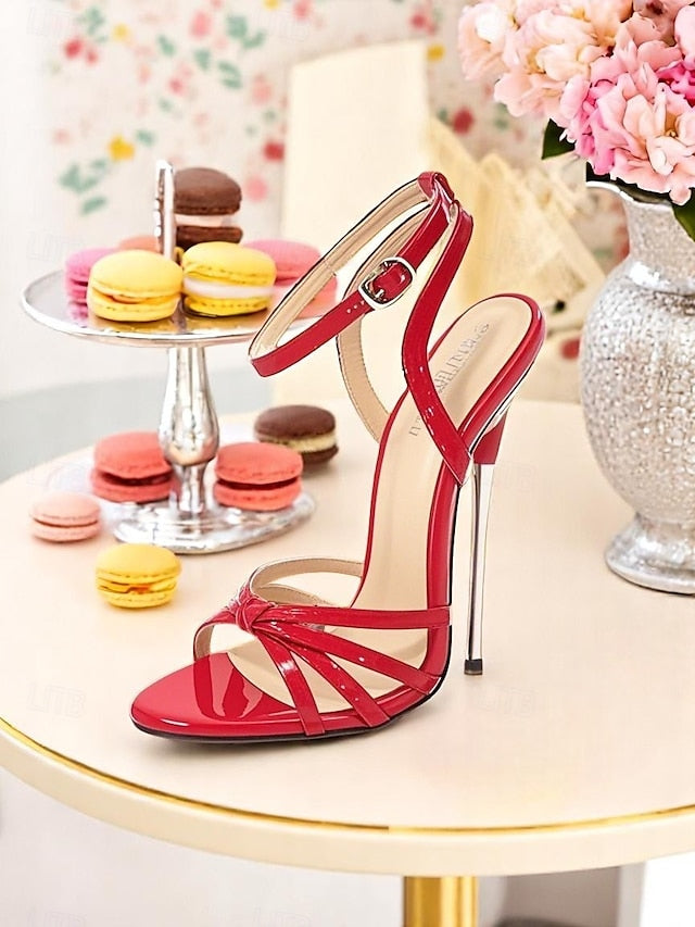 Red - Stiletto Strappy Women's Heels Patent Knot Leather
