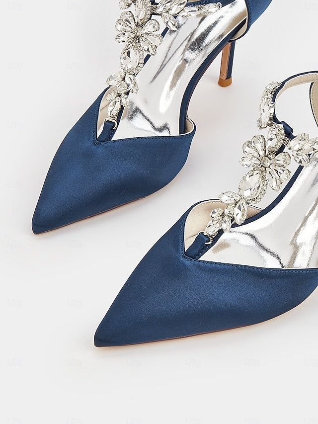 – Blue Navy Pointed Toe Women's Heels T-Strap Satin