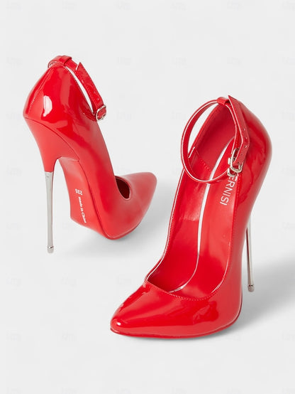 Ankle Stiletto Strap Red Heels Leather Women's with Patent