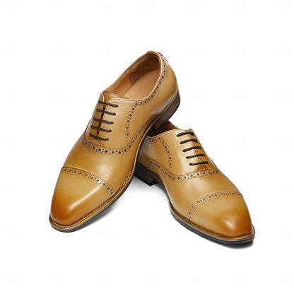 Leather Wingtip Genuine Light Brown Oxford Shoes with Men's