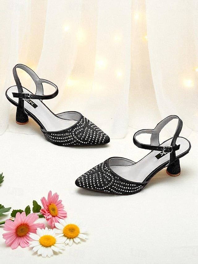 Toe Red Pointed Women's Heels Slingback Rhinestone