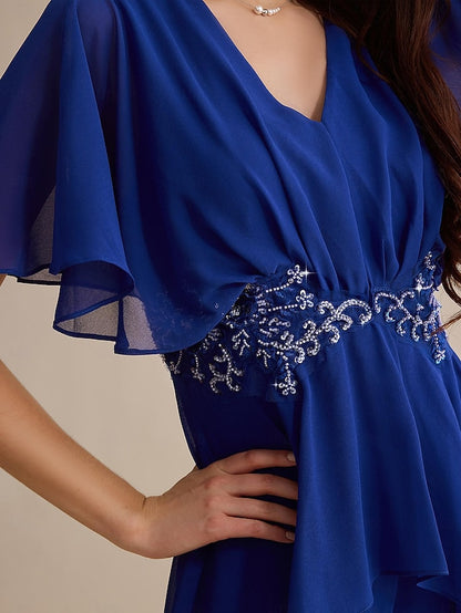 Guest Wedding Cuff Embroidered Chiffon Royal Blue Sequin Flare
