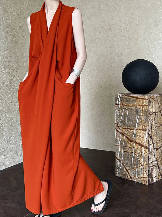 Taschen mit drapiertem ärmellosem Kleid Elegantes Midi 