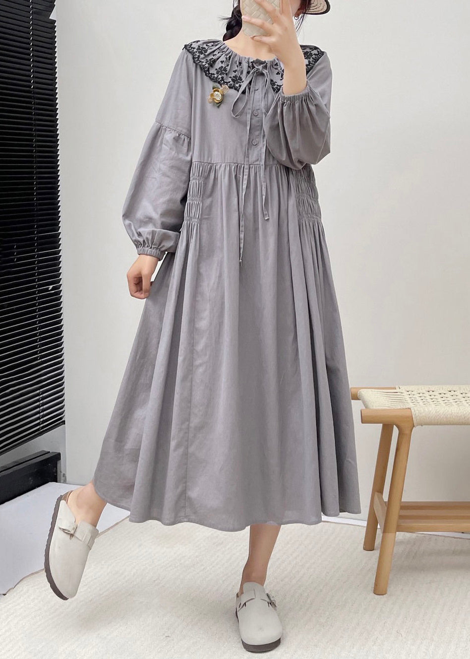 Grey Button Wrinkled Cotton Dresses Embroidered Long Sleeve NN004