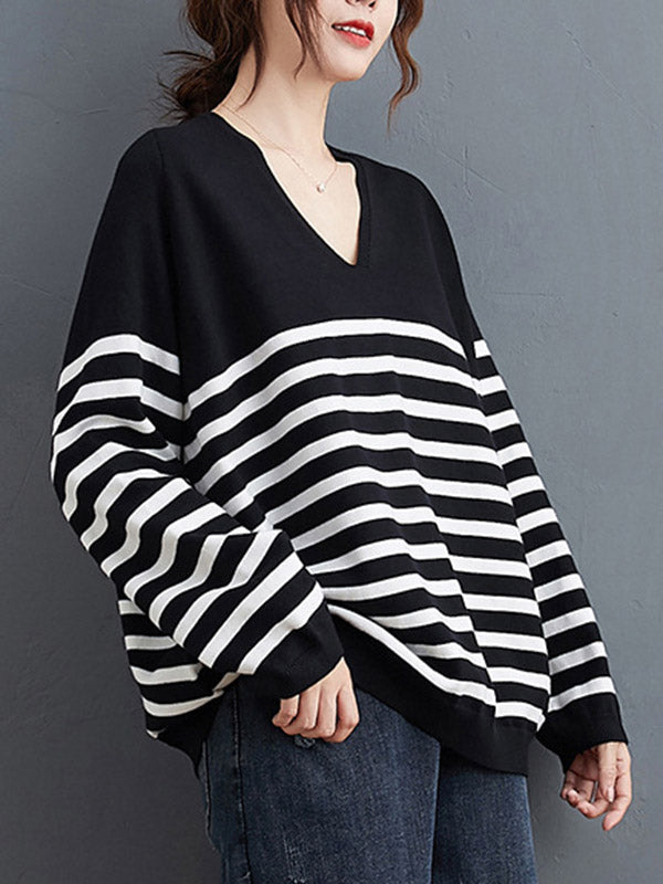 Casual Loose Black V-Neck Contrast Color Striped Long Sleeve Knit Sweater AN1035