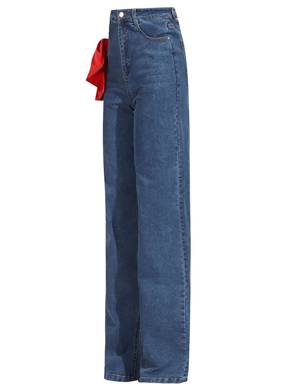 Jean droit rouge chic noué taille haute boutonné 