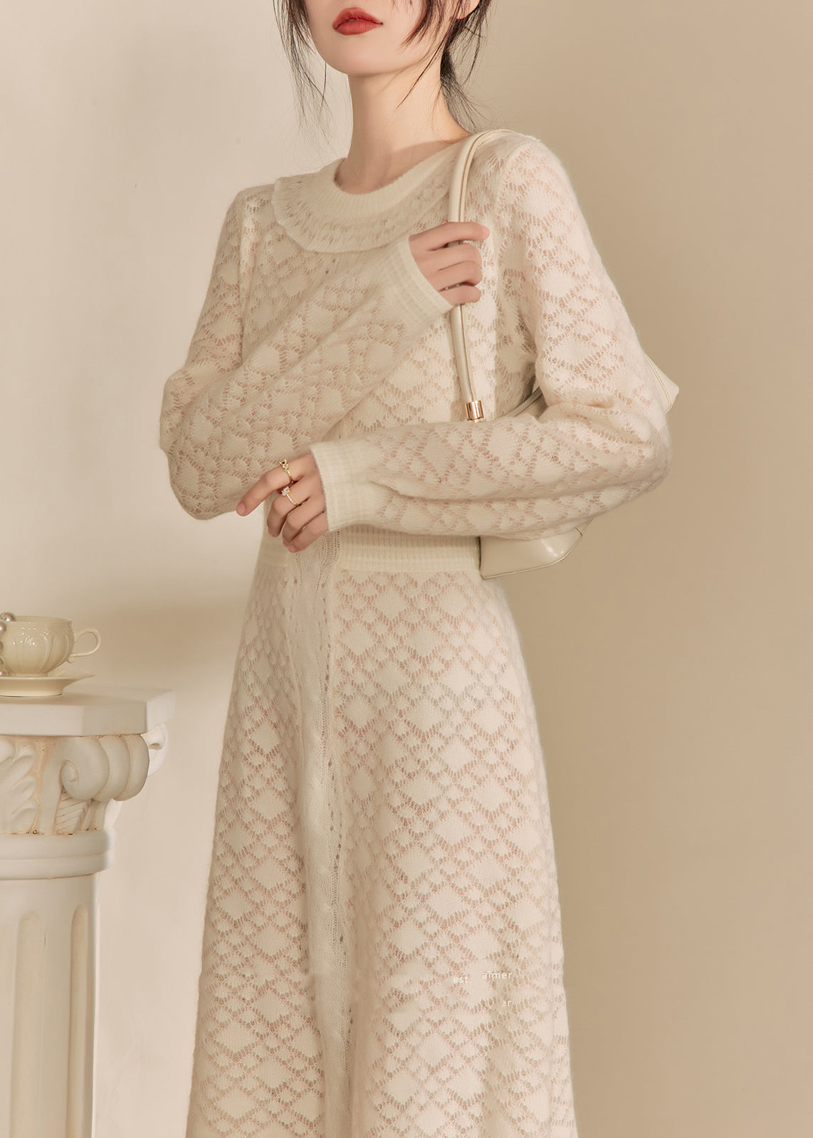 French Beige O Neck Jacquard Knitted Dress Fall WV013