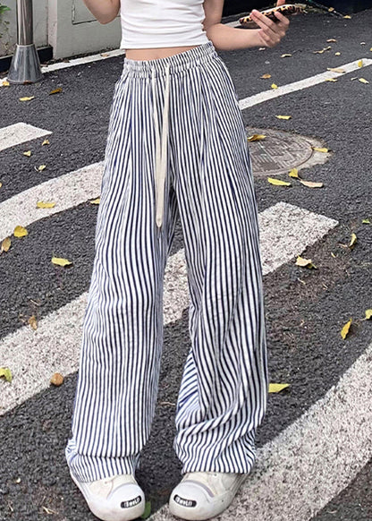 Pantalon d'été en coton à taille élastique avec poches à rayures bleues NN003 