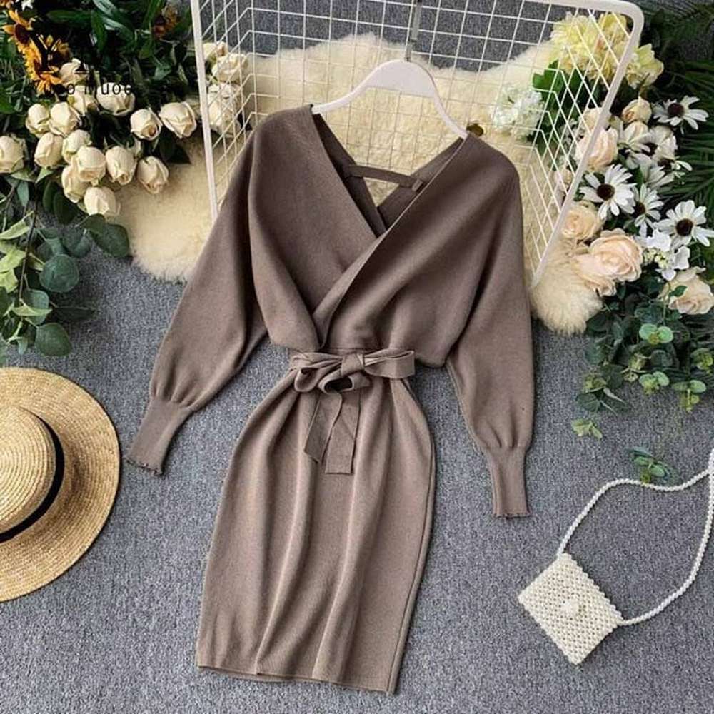 Elegant Beige V Neck Tie Waist Long Batwing Sleeve Dress AR1021