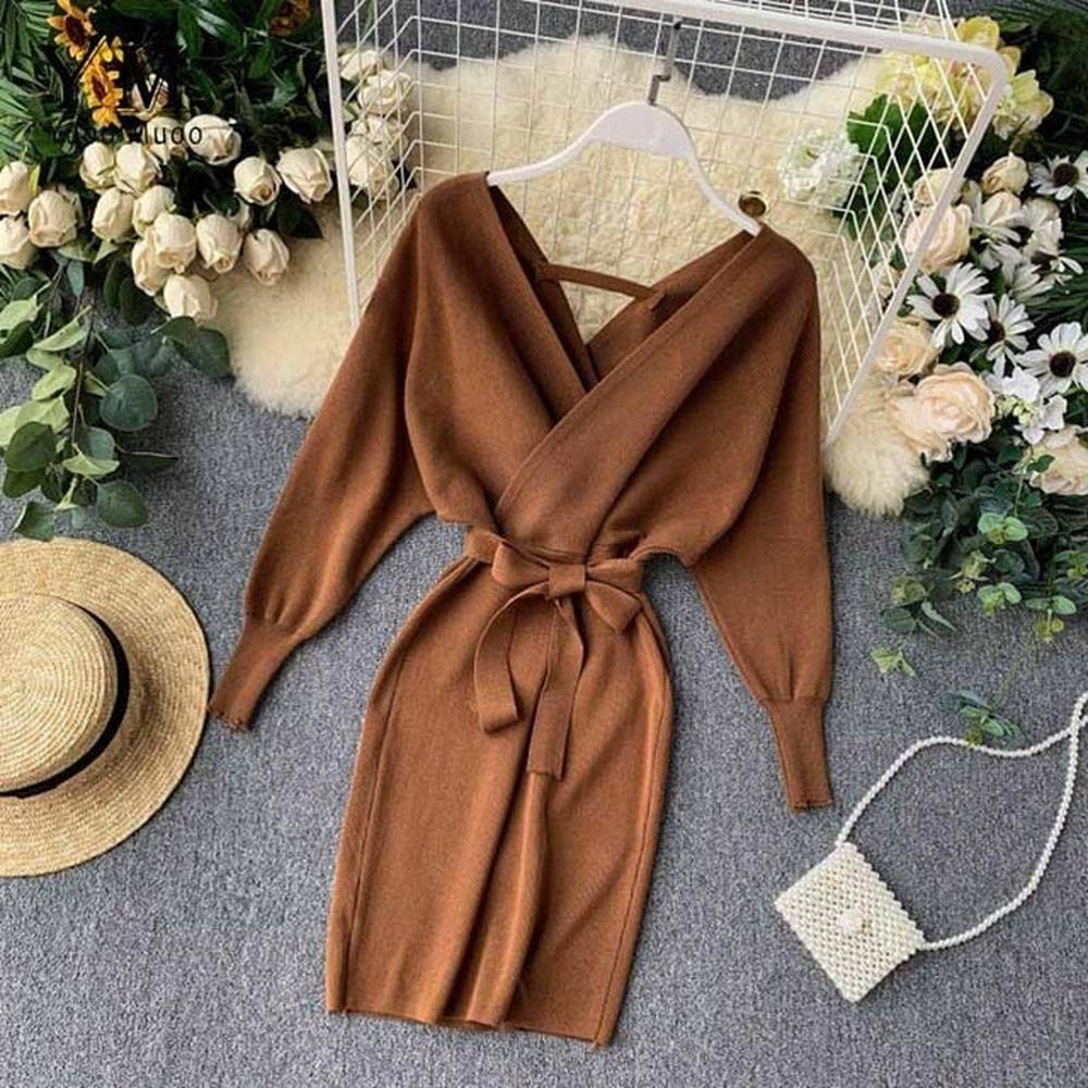 Elegant Beige V Neck Tie Waist Long Batwing Sleeve Dress AR1021