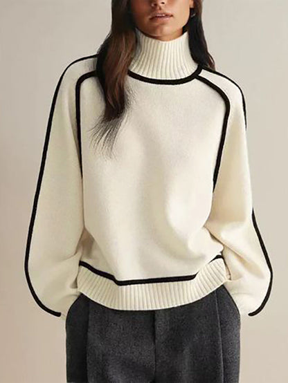 Original White High Neck Contrast Color Long Sleeve Sweater TW012