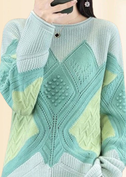 Magnifique pull en tricot de coton à carreaux vert à col rond Automne QP018 