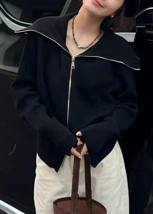 Neuer schwarzer Strickpullover mit Peter-Pan-Kragen und Reißverschluss, Herbst RY021 