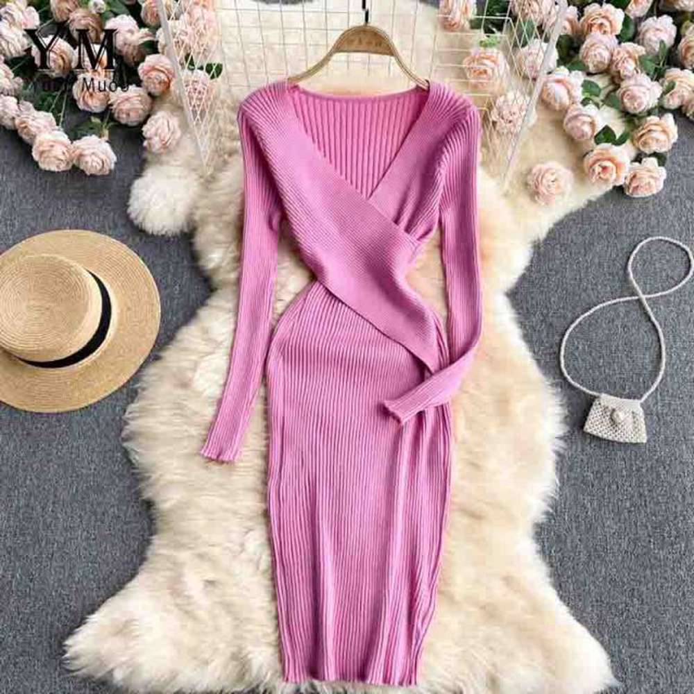 Sexy Pink V-neck Cross Slim Waist Long Sleeve Knit Sweater Dress AR1018