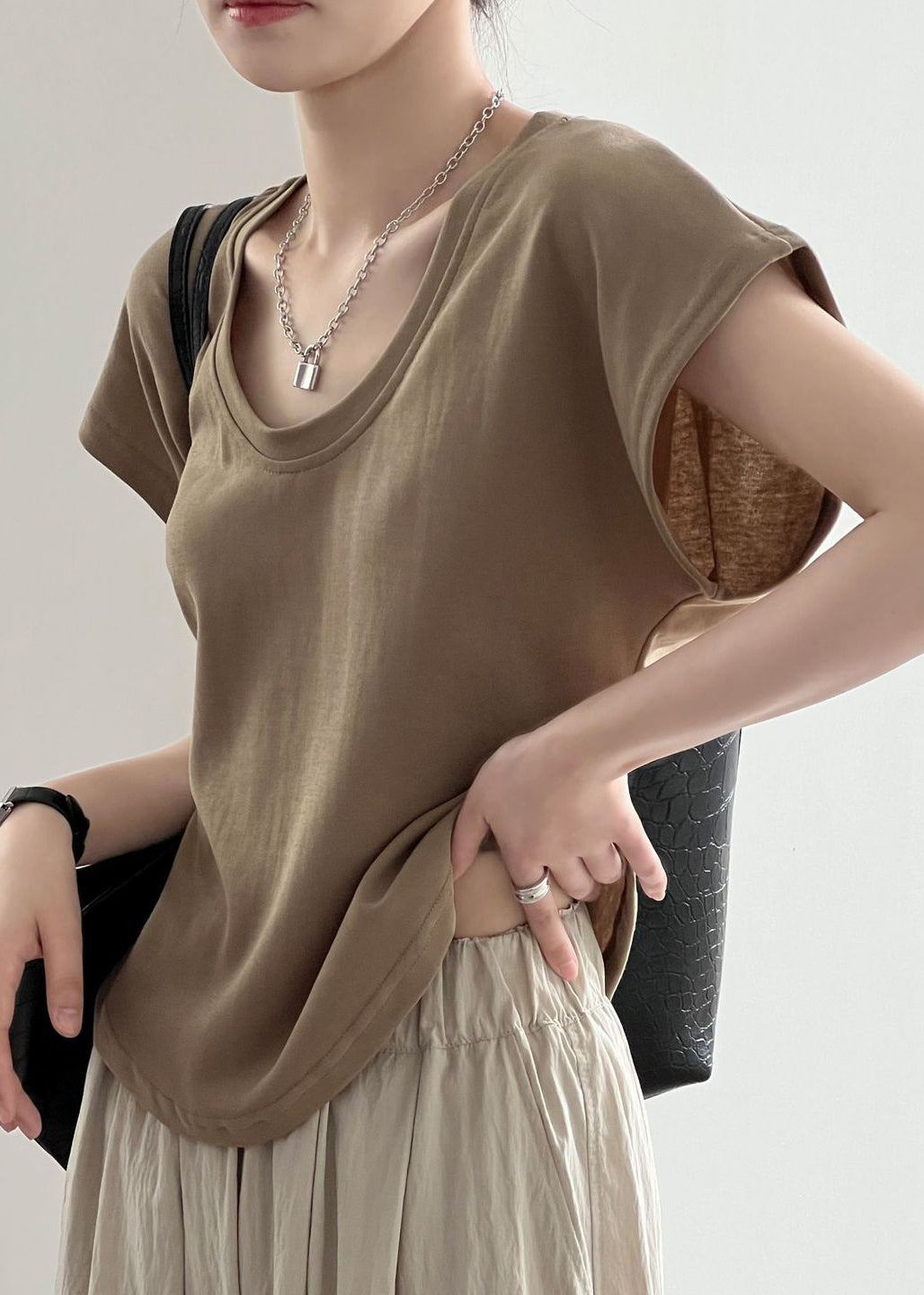 Sommer Solide Einfache Kaffee T Neck O Shirt Baumwolle 