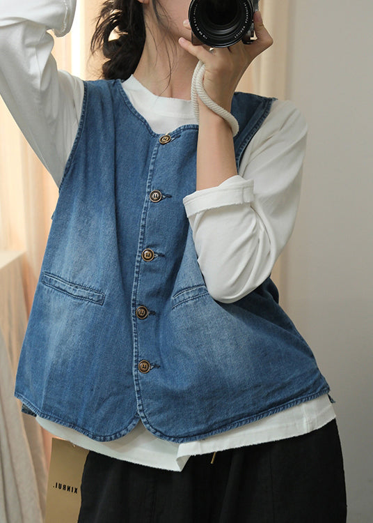 Natural Blue O Neck Button Denim Vest Sleeveless QC004