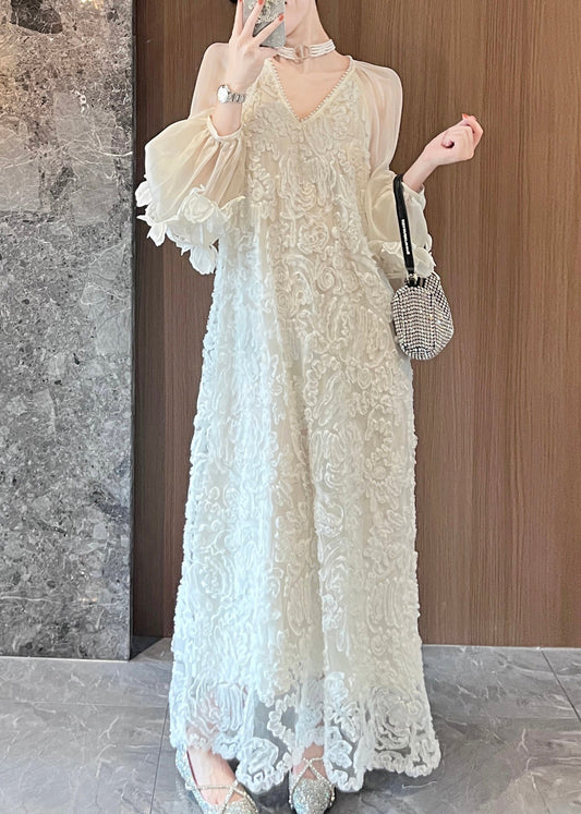 Beige Patchwork Italienischen Tüll V Frühling Kleider Spitze