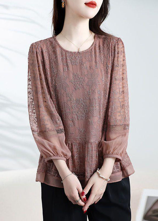 Loose Coffee O-Neck Embroidered Patchwork Silk Top Bracelet Sleeve WD025