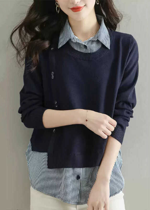 Natural Coffee Peter Pan Collar Patchwork Fake Two Pieces Wool Knit Shirt Fal WD038