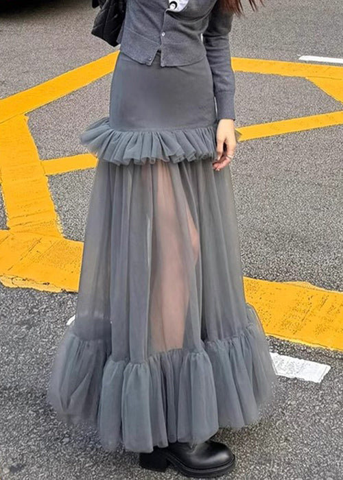 Slim Fit Grey Ruffled Tulle Patchwork Maxi Skirts Spring RV006