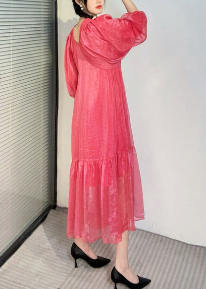 Robe longue rouge pastèque à col en V et manches bouffantes froissées pour l'été AO1050 