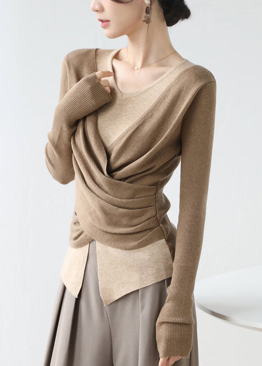 Mode Khaki Kreuz Patchwork Falsche Zwei Stücke Stricken Top Winter RV034