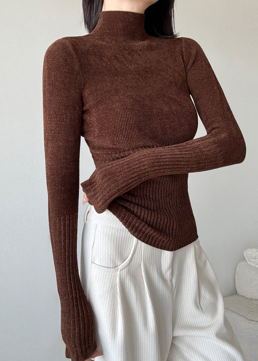 Slim Fit Brauner Patchwork-Strickpullover mit hohem Halsausschnitt, Winter, RV039 