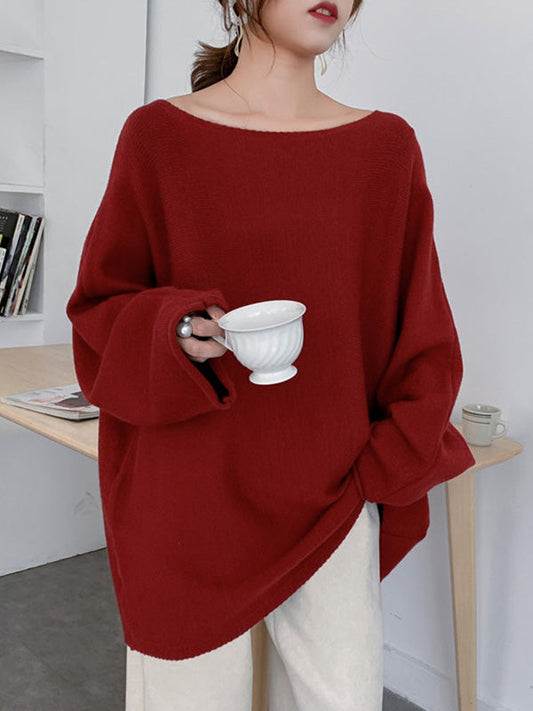 Loose Burgundy Round-Neck Long Sleeve Knit Top AN1071