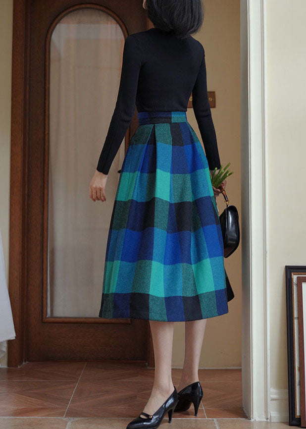 Unique Blue High Waist Plaid Wool Pleated Skirt Spring AJ1001