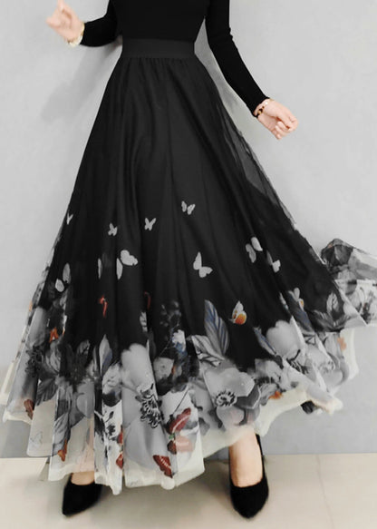 Italian Black Print Elastic Waist Tulle Skirt Spring RV009