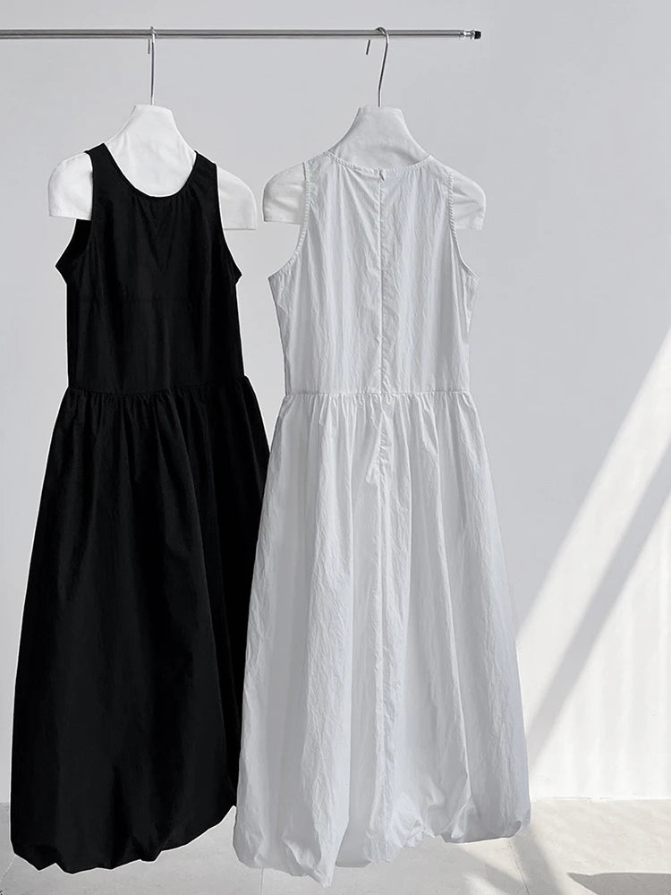 Patchwork-Kleid mit O-Ausschnitt, schlicht, ärmellos, blau, Puffsaum 