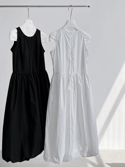 Patchwork-Kleid mit O-Ausschnitt, schlicht, ärmellos, blau, Puffsaum 