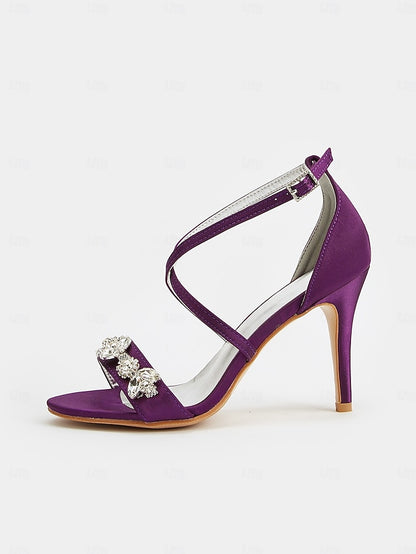 Stiletto Heels Straps with Purple Satin Women's Rhinestone