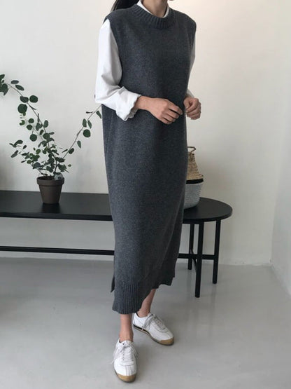 Robe en tricot sans manches à col rond noire urbaine QX017 