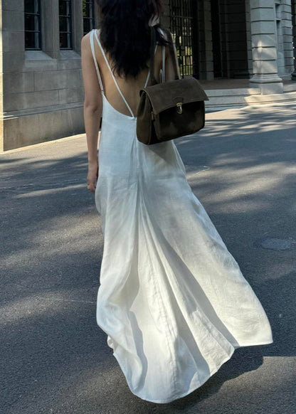 Robe longue en coton blanc à col rond de style simple sans manches EE051