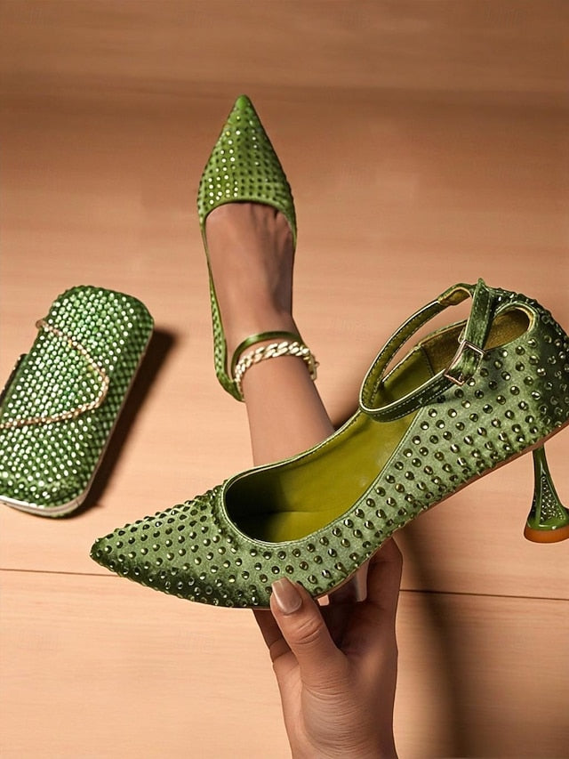 Clutch Bag Matching Women's Green and Heels Rhinestone Set