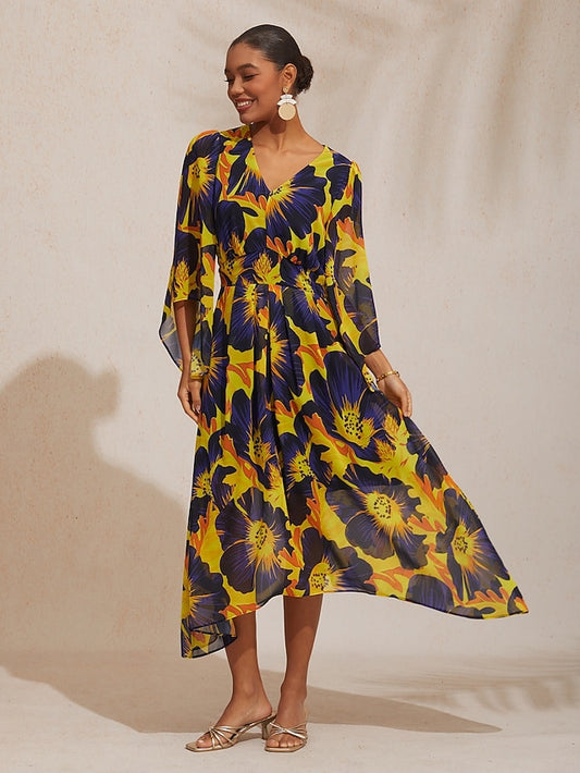 Vacation Abstract Floral Print Waist-defined Chiffon Maxi Dress