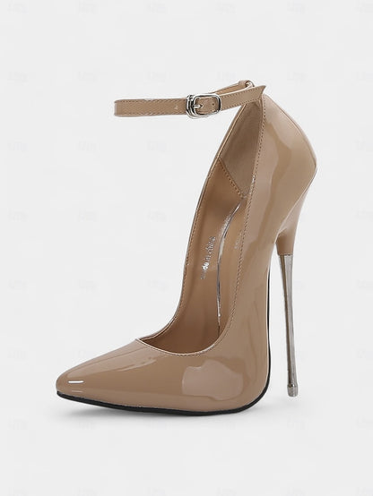 Ankle Stiletto Strap Red Heels Leather Women's with Patent