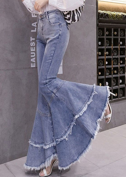 Denim Frühling Stilvolle Quaste Ausgestellte Patchwork Hose Blau 