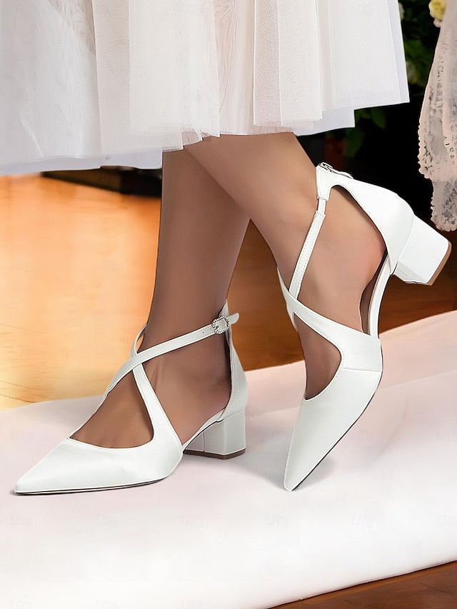 Heels Block Women's Pointed - Elegant Satin Toe Ivory