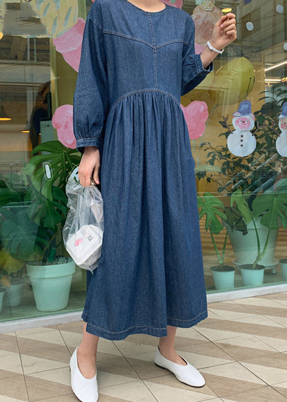 Robe longue décontractée en denim bleu à col rond froissé et patchwork, printemps TT1049 