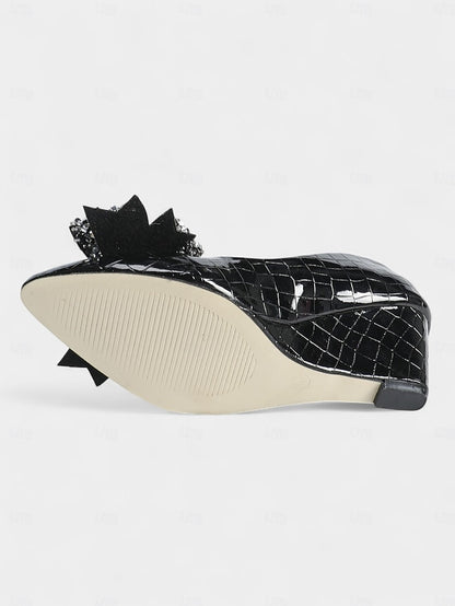 with Bow Patent Black Heels Wedge Glitter Women's Leather