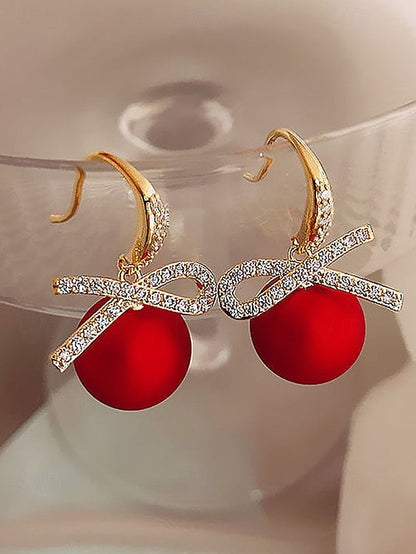 Christmas Rhinestone Pearl Bow Earrings and with Women's