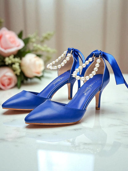 Ankle with Strap Bow Women's Pearl Heel - Kitten Pumps Blue